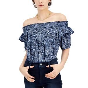 INC International Concepts Women's Sz 3X Off Shoulder Top Gypsy Boho Blue White